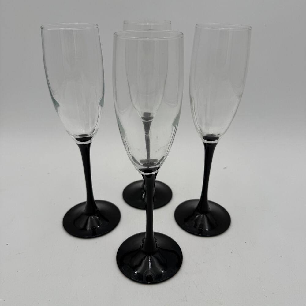 Set/4 Vtg Champagne Glasses Stemware Domino Signature Black by Cristal D'Arques